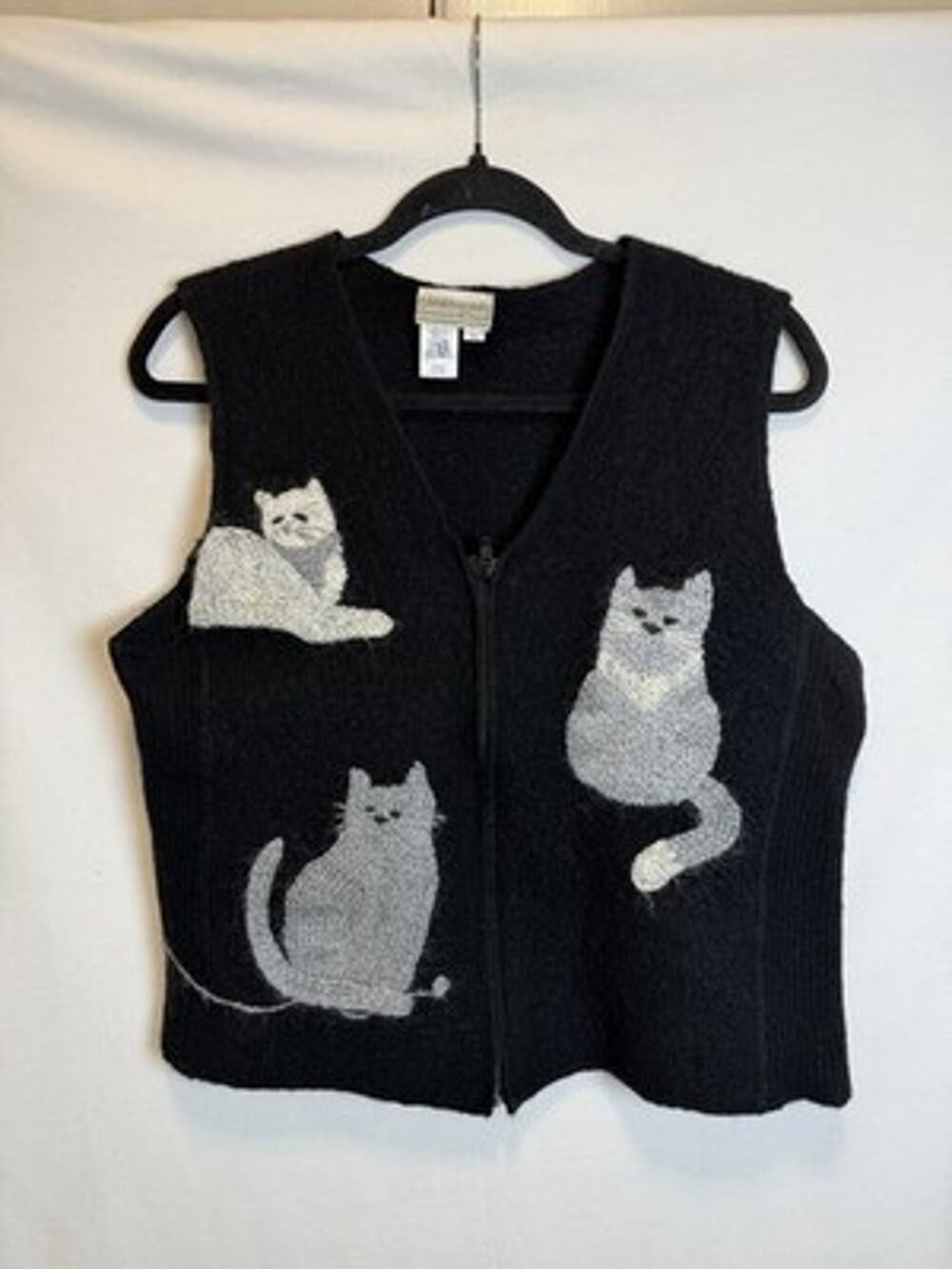 Coldwater Creek 100% Wool Cat Vest XL Embroidered Black Metal Zipper Accent EUC